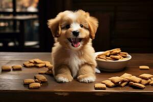 ai gegenereerd grappig weinig pup door de houten tafel met een boek. foto