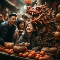 ai gegenereerd een Mens poses met een leeuw in een Chinese nieuw jaar optocht foto