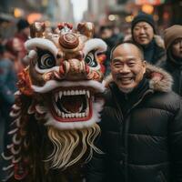 ai gegenereerd een Mens poses met een leeuw in een Chinese nieuw jaar optocht foto