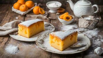 ai gegenereerd twee stukken van taart Aan borden met suiker en sinaasappels foto