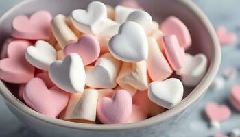 ai gegenereerd een kom gevulde met marshmallows en harten foto