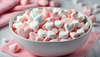 ai gegenereerd een kom van marshmallows Aan een tafel foto