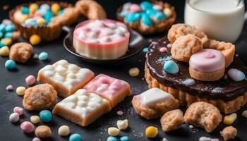 ai gegenereerd divers types van koekjes en snoepjes Aan een zwart achtergrond foto