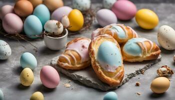 ai gegenereerd kleurrijk Pasen eieren en croissants Aan een tafel foto