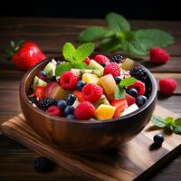 ai gegenereerd fruit salade met bessen in een houten bord Aan een houten tafel foto