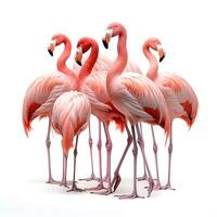ai gegenereerd kudde van flamingo vogelstand Aan een wit achtergrond foto
