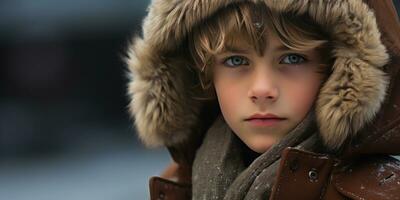 ai gegenereerd warm, uitnodigend beeld van een jongen in een met een kap jas. ai generatief. foto