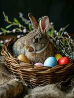 ai gegenereerd schattig Pasen konijn in mand met eieren Aan donker achtergrond. ai generatie foto