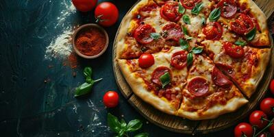 pizza met salami, Mozzarella en tomaten Aan een donker achtergrond. ai gegenereerd. foto