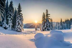 foto behang de lucht, sneeuw, bomen, de zon, winter, bomen, de bergen,. ai-gegenereerd