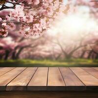 ai gegenereerd sakura kers boom bloei achtergronden met leeg houten tafel foto