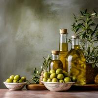 ai gegenereerd fles van olijven olie en olijven fruit foto