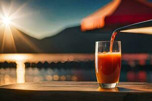 een glas van oranje sap wezen gegoten in een glas. ai-gegenereerd foto