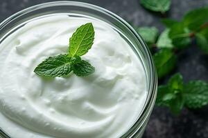 ai gegenereerd Grieks yoghurt in een glas kom met munt bladeren Aan een donker achtergrond. foto