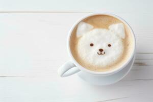 ai gegenereerd dichtbij omhoog van een koffie kop met een hond vormig latte kunst. foto