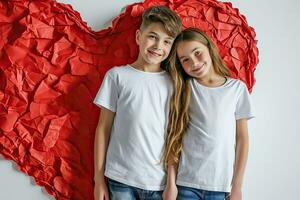ai gegenereerd kinderen in wit t-shirts Aan een achtergrond van een hart. kinderen t-shirts model. foto