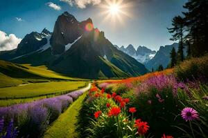 ai gegenereerd de zon schijnt over- een veld- van bloemen en bergen foto