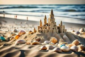 ai gegenereerd zand kasteel Aan de strand foto