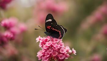 ai gegenereerd een zwart en rood vlinder is zittend Aan sommige roze bloemen foto