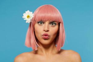 studio foto van verbaasd jong groene ogen mooi vrouw vervelend bloem in haar kort roze haar- terwijl poseren tegen blauw achtergrond, op zoek verward Bij camera en afronding haar lippen