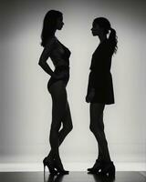 ai gegenereerd silhouet van drie Dames in zwart en wit jurken, studio schot. ai generatief foto