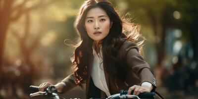 ai gegenereerd elegant kantoorstijl Aziatisch meisje Aan fiets. ai generatief. foto