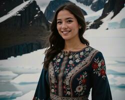 ai gegenereerd portret van een jong vrouw glimlachen Bij camera in voorkant van ijsbergen. ai generatief foto