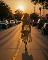 ai gegenereerd mooi jong vrouw in een lang geel jurk wandelen Aan de straat Bij zonsondergang. ai generatief foto