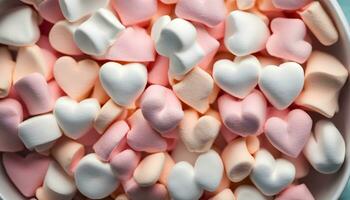 ai gegenereerd een kom van marshmallows met harten Aan top foto