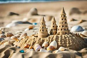 ai gegenereerd zand kastelen Aan de strand foto