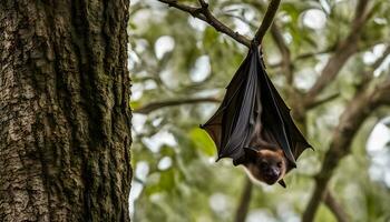 ai gegenereerd een knuppel hangende ondersteboven naar beneden van een boom Afdeling foto