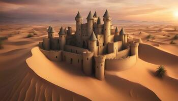 ai gegenereerd zand kasteel in de woestijn met een zonsondergang foto