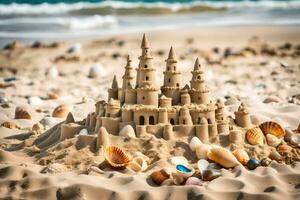 ai gegenereerd zand kasteel Aan de strand foto