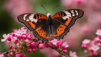 ai gegenereerd vlinder Aan roze bloemen foto