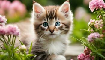 ai gegenereerd een katje is zittend in de gras met roze bloemen foto