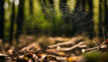 ai gegenereerd een spin web in de midden- van een Woud foto