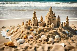 ai gegenereerd een zand kasteel Aan de strand met schelpen en schelpen foto