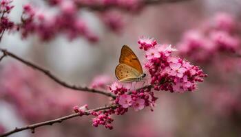 ai gegenereerd een vlinder zit Aan een Afdeling van een roze bloem foto