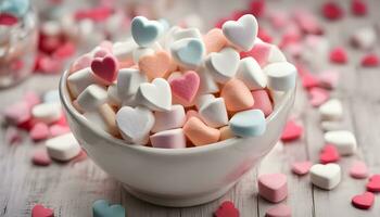 ai gegenereerd een kom gevulde met marshmallows en harten foto