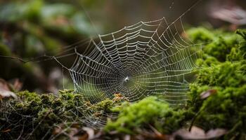 ai gegenereerd een spin web is getoond in de midden- van een Woud foto