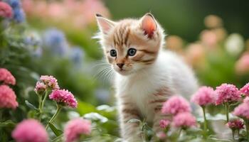 ai gegenereerd een katje is staand in een veld- van bloemen foto