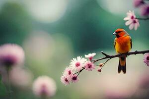 ai gegenereerd foto behang de lucht, bloemen, vogels, lente, de vogel, lente, bloemen, de