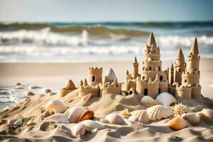 ai gegenereerd zand kasteel Aan de strand foto