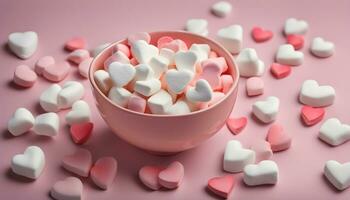 ai gegenereerd een kom vol van marshmallows Aan een roze achtergrond foto