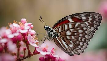 ai gegenereerd een vlinder is zittend Aan sommige roze bloemen foto