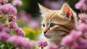 ai gegenereerd een katje is in een veld- van roze bloemen foto