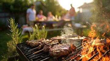 ai gegenereerd barbecue bbq familie picknick partij Aan de strand met spiesjes van vlees en vlees steaks over- houtskool foto