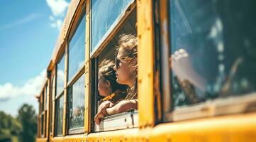 ai gegenereerd school- bus draag- kinderen naar hoog school- foto