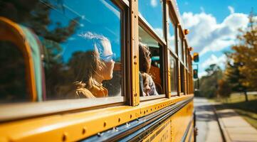 ai gegenereerd school- bus draag- kinderen naar hoog school- foto