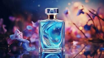 ai gegenereerd luxe parfum, kunstmatig premie glas fles. banier, poster voor schoonheid Promotie van elegant Product voor advertenties Aan gedrapeerd zijde kleding stof kleding elegants achtergrond met parels. generatief ai foto